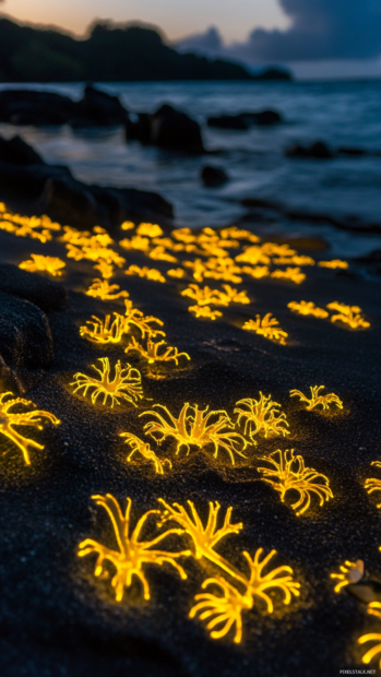 Dimly glowing coral patterns blooming across black sand.