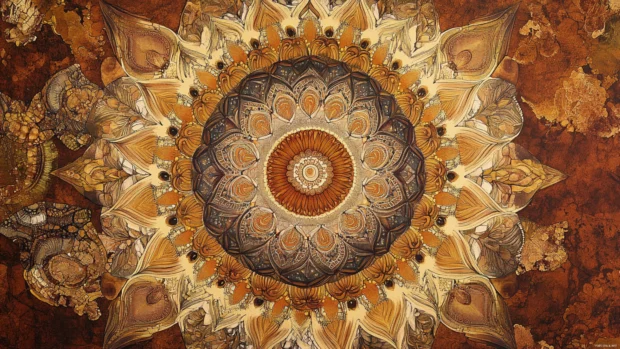Discover intricate mandalas in earthy tones, a mesmerizing Vintage Trippy Wallpaper.