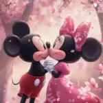 Disney Mickey and Minnie mouse love captured in a sweet kiss under cherry blossoms.