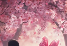 Disney Mickey and Minnie mouse love captured in a sweet kiss under cherry blossoms.
