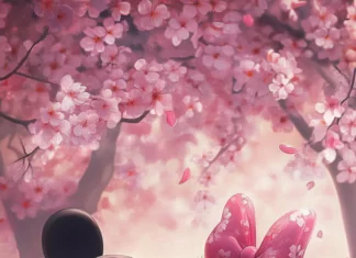 Disney Mickey and Minnie mouse love captured in a sweet kiss under cherry blossoms.