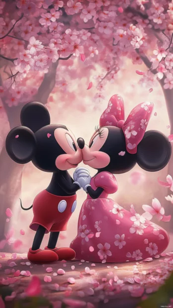 Disney Mickey and Minnie mouse love captured in a sweet kiss under cherry blossoms.