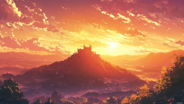 Distant castle on anime mountain under golden sunset.