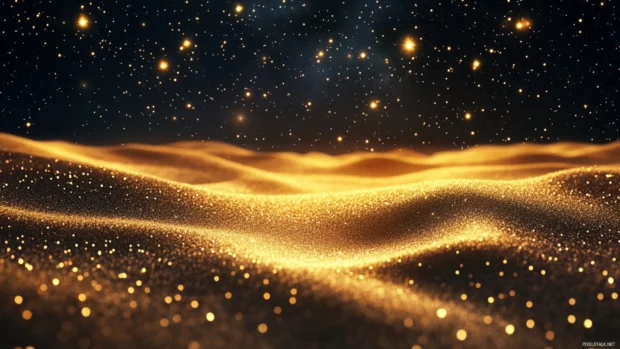 Distant golden stars glowing beyond velvet dunes, reflecting the charm of vintage gold stars background.