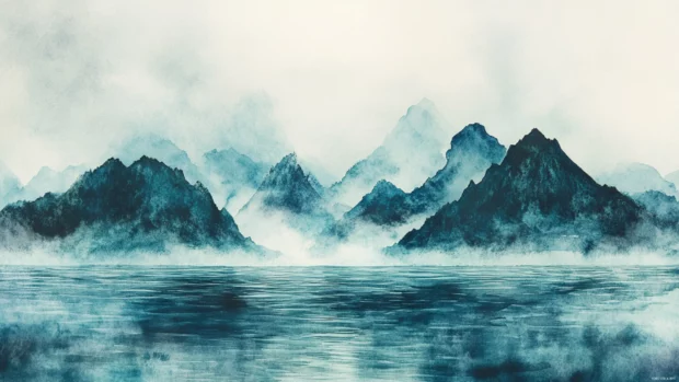 Distant islands floating above the watercolor ocean mist.