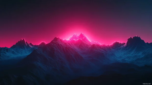 Distant mountain range outlined by pink neon glow.