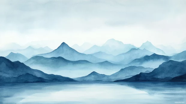 Distant mountains fading into a watercolor ocean mist.
