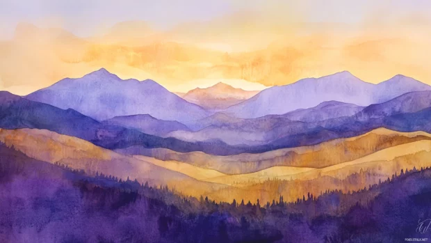 Distant mountains veiled in purple and gold at sunset, painted in watercolor.