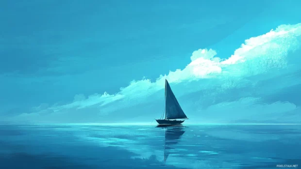 Distant sailboat floating alone in a deep azure sea.
