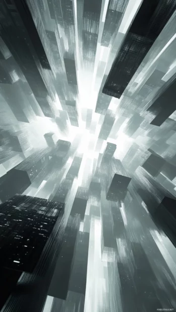 Distorted trippy perspective of skyscrapers made of light and absence floating in air.