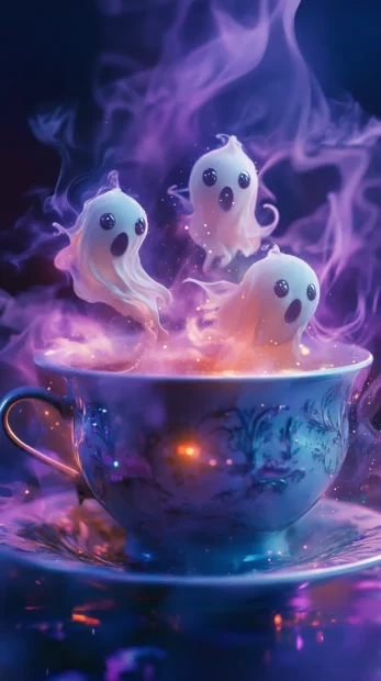 Dizzy ghosts swirl inside a magical teacup surrounded by steam and sparkles.
