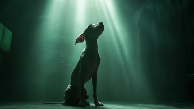 Dobby standing in a dramatic light with enchanted background.