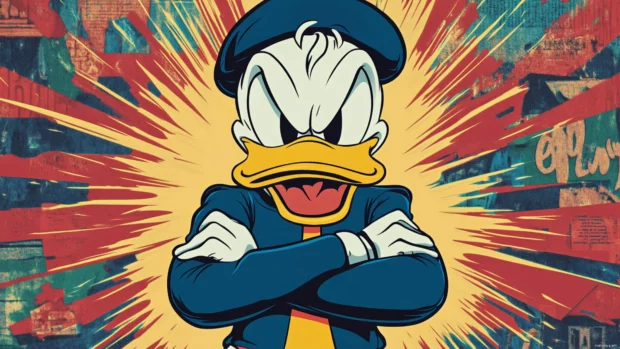 Donald Duck Desktop wallpaper showing him angry with crossed arms in a comic style pop background.