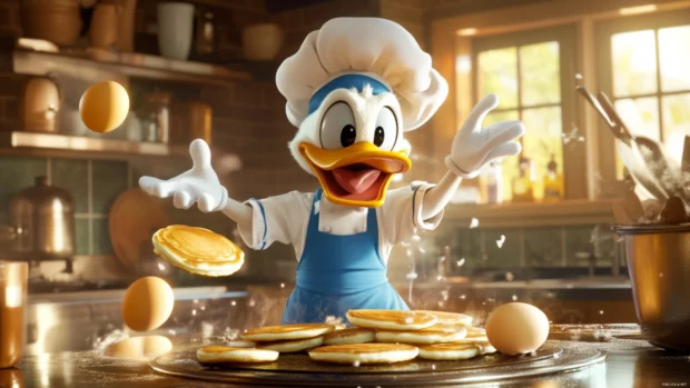 Donald Duck flips pancakes in a chefs hat as eggs bounce nearby.