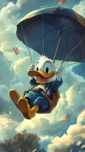 Donald Duck floats down gently with a giant umbrella as his parachute.