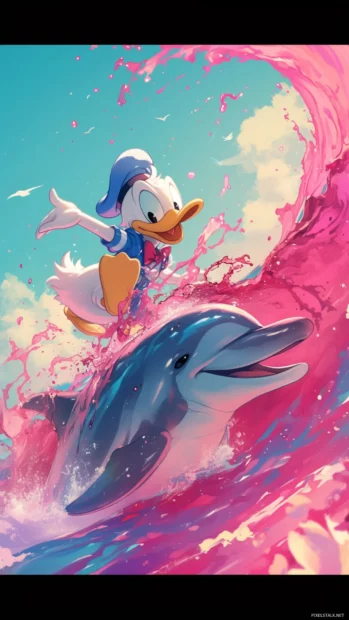 Donald Duck getting splashed by a playful dolphin in pink water.