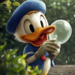 Donald Duck hides behind a bush holding a water balloon ready to toss.