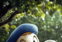 Donald Duck hides behind a bush holding a water balloon ready to toss.