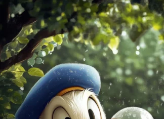 Donald Duck hides behind a bush holding a water balloon ready to toss.