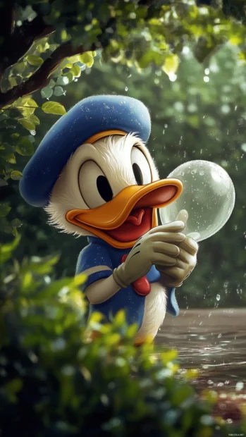 Donald Duck hides behind a bush holding a water balloon ready to toss.