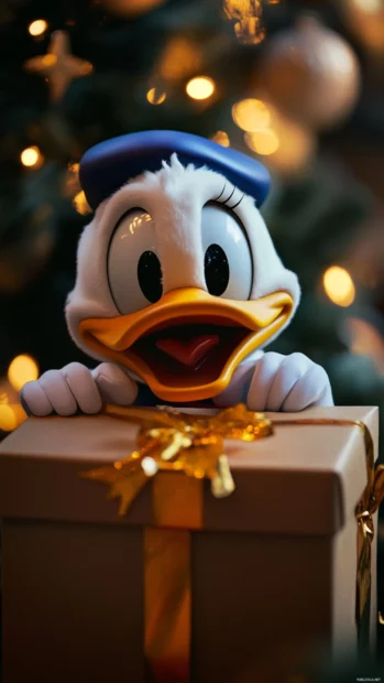 Donald Duck peeks out from a wrapped gift box with a surprised look.
