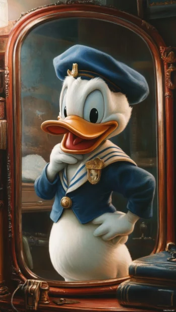 Donald Duck poses in front of a mirror adjusting his sailor collar.