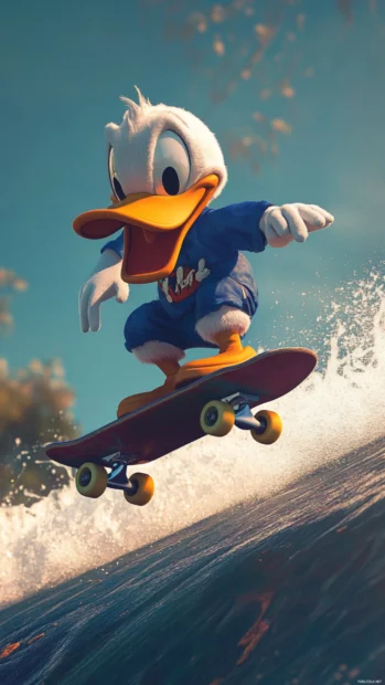 Donald Duck rides a skateboard down a hill with a determined face.
