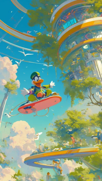 Donald Duck riding a pink hoverboard in space mall.