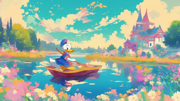 Donald Duck rowing a pastel boat through a dreamy lake.