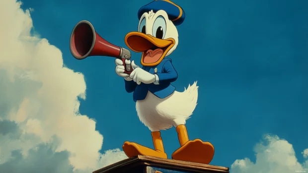 Donald Duck shouts into a megaphone while standing on top of a soapbox.