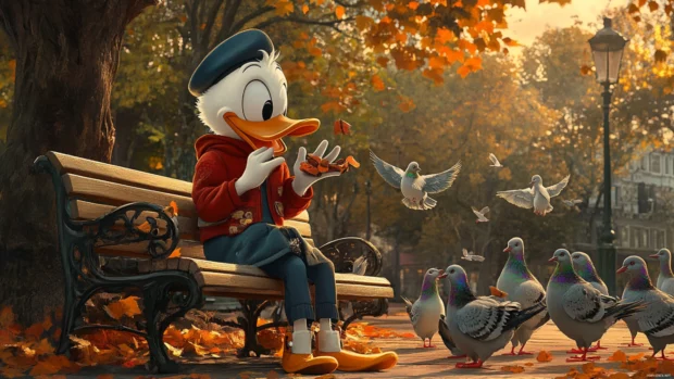 Donald Duck sits on a bench feeding pigeons in the park with a calm look.