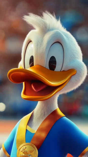 Donald Duck smiles proudly with a gold medal around his neck after a cartoon race.