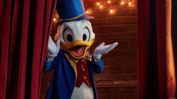 Donald Duck sneaks past curtains in a magician costume during a stage show.