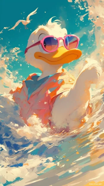 Donald Duck splashing in a tidepool wearing pink sunglasses.