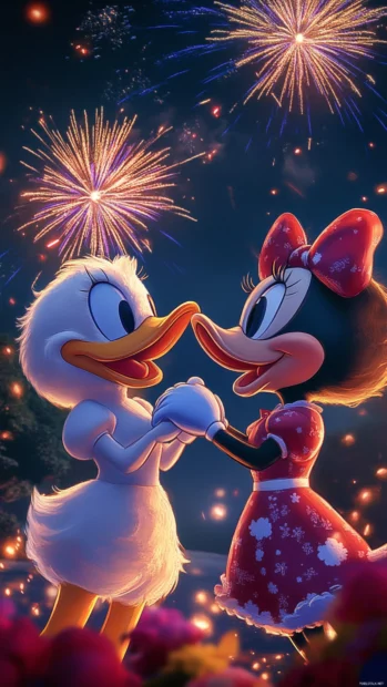 Donald Duck wallpaper featuring him and Daisy Duck holding hands under fireworks.