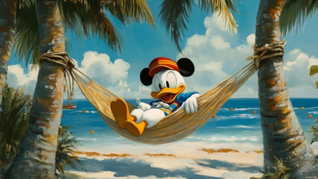 Donald Duck wallpaper featuring him relaxing in a hammock between two palm trees on the beach.