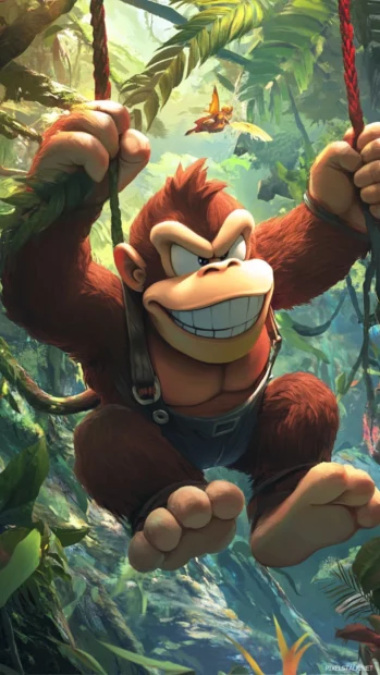 Donkey Kong swinging through the jungle vines, a powerful Super Mario ally.