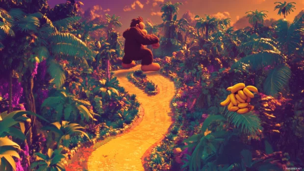 Donkey Kong throwing bananas on a jungle themed track, vibrant Mario Kart Wallpaper.
