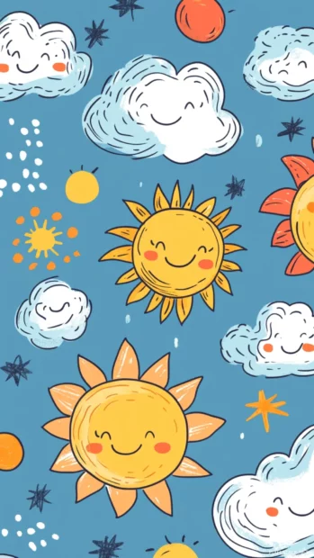 Doodle clouds and suns creating a cheerful lock screen pattern.