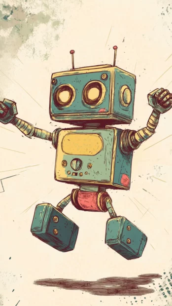 Doodle robot doing a silly dance on a light background.