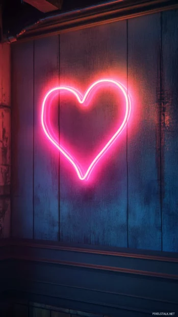 Doodle style neon heart glowing on chalkboard wall.