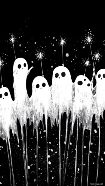 Doodles of baby ghosts holding sparkly wands line up like a seamless vertical flow.