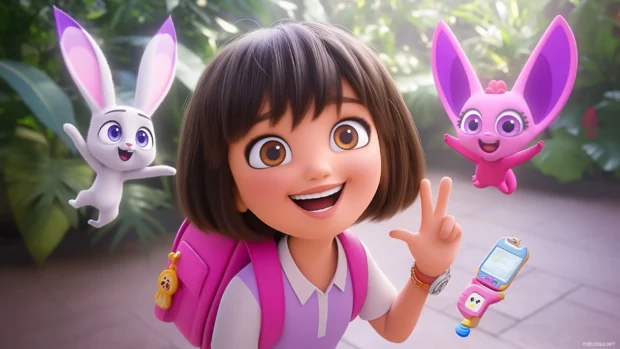 Dora the Explorer and Boots on an adventurous treasure hunt in a lush jungle filled with vibrant plants and animals.
