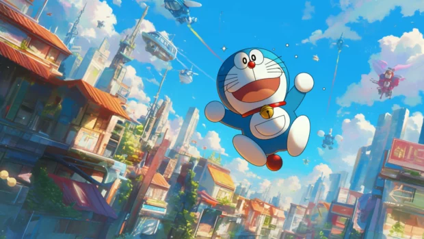 Doraemon floating with his propeller in a futuristic cartoon world.