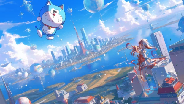 Doraemon flying with gadgets over a holographic Tokyo.