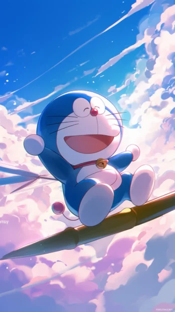 Doraemon holding a bamboo copter flying above pink clouds.