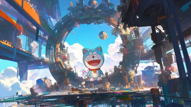 Doraemon opening a futuristic portal surrounded by floating gadgets.