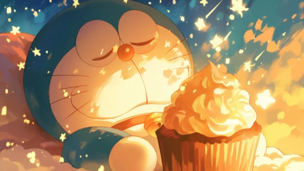 Doraemon sleeping beside a glowing cupcake with stars twinkling above.