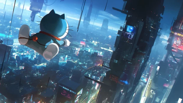 Doraemon with a chrome propeller hat flying through a cyber skyline.