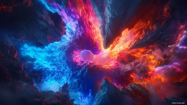 Dorsal fins pulsing with neon energy as Godzilla emerges from a crater.